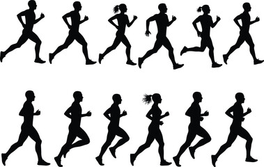 Running silhouettes collection, jogging athlete vector illustrations, fitness runners graphic pack, marathon training icons, active lifestyle clipart, editable sports design resources