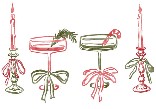 Seamless Christmas border with hand-drawn candles, cocktails, and ornaments. Festive holiday party illustration isolated on white background