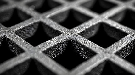 Intricate metallic grid pattern with dramatic lighting creating depth and texture, perfect for industrial or technological themes