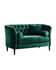 Fototapeta premium A stylish emerald loveseat with velvet upholstery, tufted back, two bolster cushions, and dark walnut legs, isolated on transparent background. 
