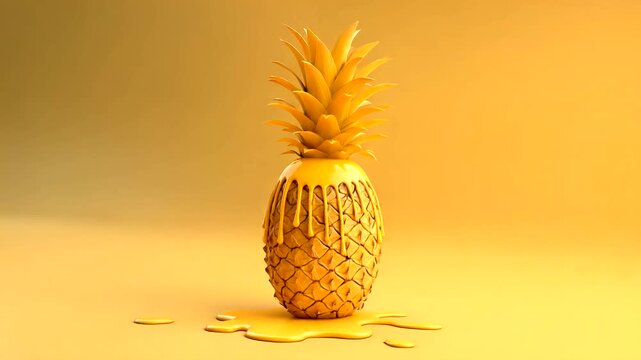 Golden pineapple creative concept, single object on yellow studio background with drips, minimal
