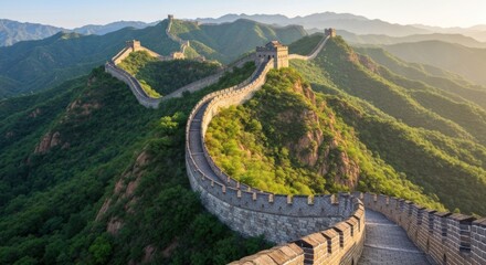 Ancient stone wall winds across lush green mountains under a golden sunrise