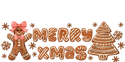 Hand-drawn gingerbread cookie Christmas border. Festive holiday border with copy space, isolated on a striped background