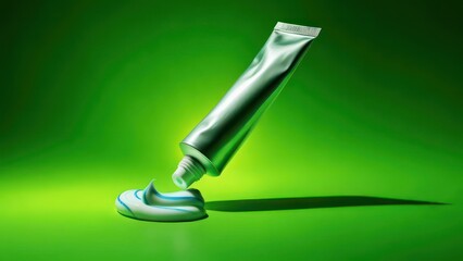 A silver toothpaste tube diagonally positioned, dispensing a swirl of white and blue paste onto a bright green surface, cast under dramatic lighting