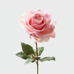 Single, light pink rose, subtle gradient,  lush petals,  green leaves, elegant stem