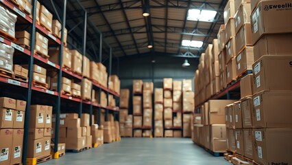 Obraz premium Warehouse interior with neatly stacked boxes, soft overhead light creating an orderly atmosphere.