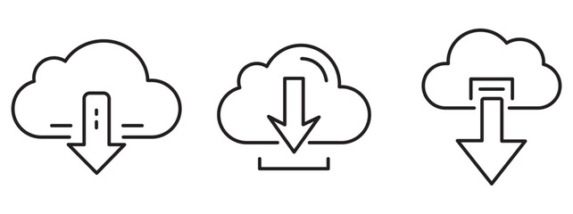 Cloud Download Icon Set – Outline and Minimal Symbols for Data, Storage, and Digital Technology