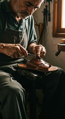 Obraz premium A seasoned craftsman meticulously carves leather sandals, showcasing the artistry of traditional shoemaking in a dimly lit workshop.