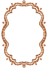 Hand-drawn gingerbread cookie Christmas frame. Festive holiday border with copy space, isolated on a striped background