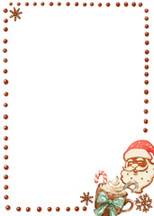 Hand-drawn gingerbread cookie Christmas frame. Festive holiday border with copy space, isolated on a striped background