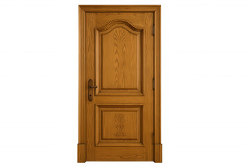 Elegant wooden door with carvings and metal handle, isolated on a transparent background, perfect for interior design projects