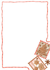 Hand-drawn gingerbread cookie Christmas frame. Festive holiday border with copy space, isolated on a striped background