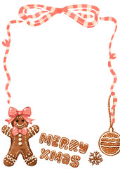 Hand-drawn gingerbread cookie Christmas frame. Festive holiday border with copy space, isolated on a striped background