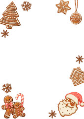 Hand-drawn gingerbread cookie Christmas frame. Festive holiday border with copy space, isolated on a striped background