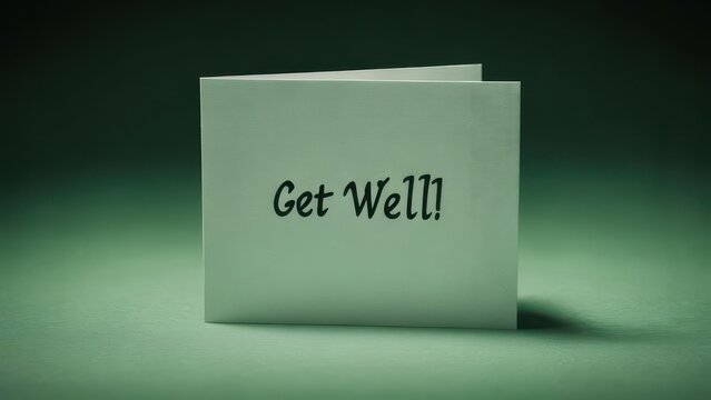 A simple white card with the words "Get Well!" in a stylized script font rests on a subtly textured, muted green surface against a darker green backdrop, creating a calm and supportive visual - Powered by Adobe