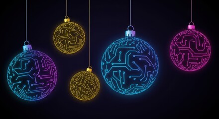 Four glowing circuit board christmas ornaments hang against a dark backdrop, showcasing vibrant neon colors.
