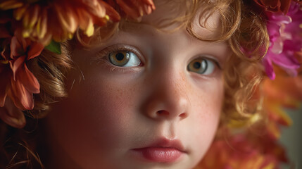 Close-up portrait of a child with glowing floral accents, soft natural lighting, vibrant colors, high detail, studio-quality, warm and inviting atmosphere
