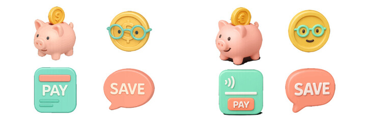 Financial management concept featuring piggy banks, dollar and euro coins, and payment symbols for saving and spending money