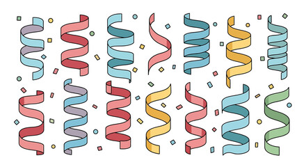 Colorful Hand-Drawn Party Streamers in Various Shades with Confetti Sprinkles.