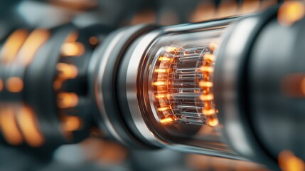 Close-up of Solid State Battery Cell with Transparent Design and Illuminated Features for Technology Insights
