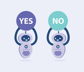Robots with signs choosing option between yes and no. Choice, problem and decision concept