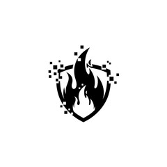 Digital Fire Shield Logo Design with Pixelated Effect in Black and White