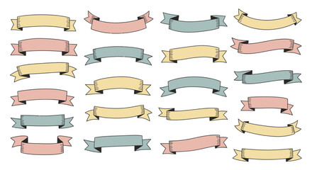 Hand-drawn pastel ribbon banners collection with varied shapes, folded ends, and decorative doodle style.