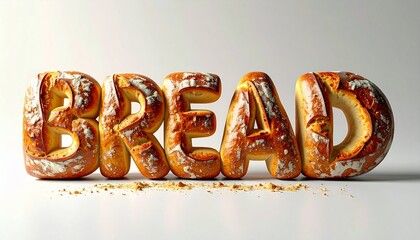 Artistic typography concept featuring the word BREAD spelled with freshly baked loaf letters
