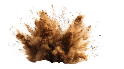 Dry soil explosion with scattered clods and fine dust particles radiating outward mid-air, isolated on transparent background.

