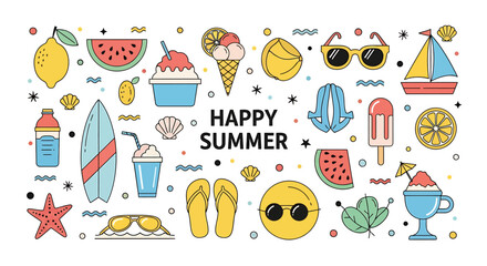 Vibrant Collection of Summer Icons Featuring Beach and Refreshment Elements.