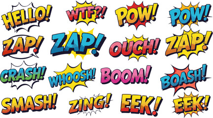 Fototapeta premium Vibrant collection of dynamic comic book style sound effects and pop art exclamations, isolated on white, perfect for graphic design projects and adding energetic visual impact