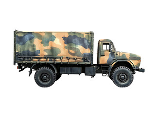 Obraz premium Camouflaged military truck isolated on transparent background