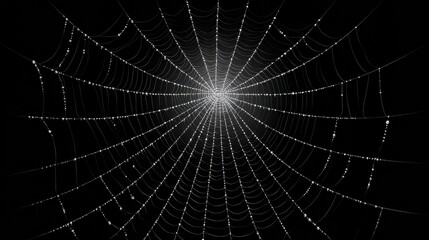 Fototapeta premium A close-up view of a spider web glistening with dew against a dark background, showcasing intricate patterns and textures.