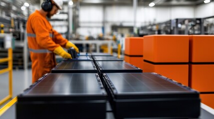 Worker in Futuristic Factory Producing Solid State Battery Cells for Advanced Energy Solutions