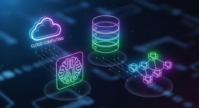 Futuristic neon cloud database and network icons representing digital technology and connectivity - Powered by Adobe