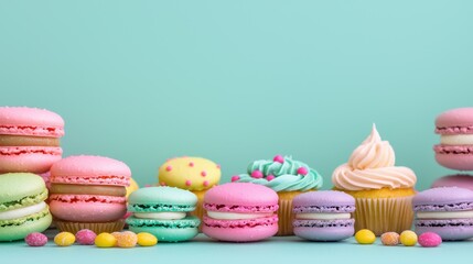 Colorful Pastel-Hued Dessert Table Featuring Assorted Macarons and Cupcakes Against a Soft Background