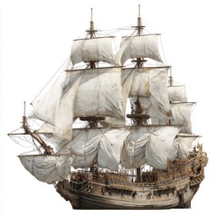 Old Wooden Sailing Ship with White Sails and Tall Masts in Clear Sky