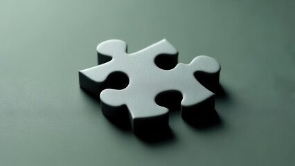 A single, dark-grey, three-dimensional puzzle piece rests on a muted green surface, casting a subtle shadow.  Its form is slightly raised and textured
