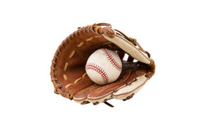 Brown leather baseball glove and ball isolated on transparent background