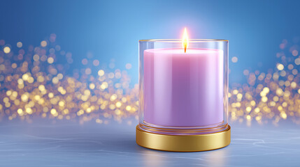 A  luxury candle,light purple with a flickering flame, contained in a sleek glass vessel with a gold-colored bottom. The background is a simple, blurred blue with warm,relaxation, aromatherapy.