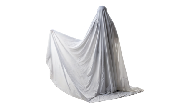 ghostly figure in white fabric isolated on transparent background