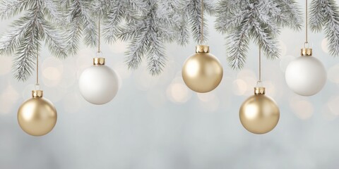 Elegant Christmas Baubles Hanging on Snowy Pine Branches