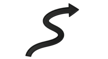 Isolated black curvy arrow sign, direction indicator for navigation, wayfinding, pointer