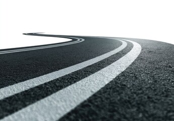 A detailed close-up view of a curving asphalt road with two white lines.  The road stretches into the distance, disappearing into a white background.  The texture of the asphalt is clearly visible