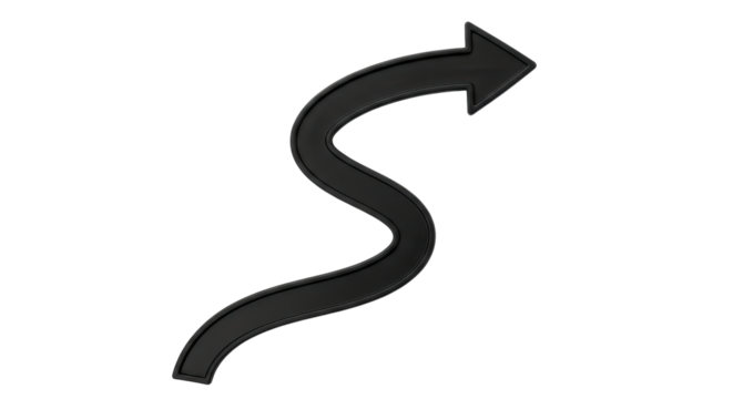 Isolated black curvy arrow sign, direction indicator for navigation, wayfinding, pointer