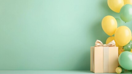 Soft Pastel Yellow Baby Shower Theme with Balloons and Gift Box on Elegant Background