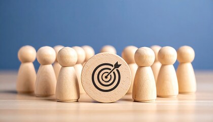 Teamwork and Business Goals Execution. A wooden disc with a bulls eye and arrow icon is placed among wooden figures