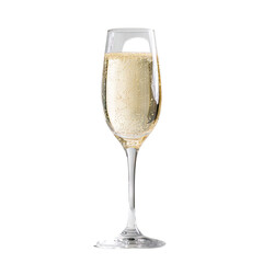 Champagne flute, filled with bubbly, clear liquid, standing on a long stem