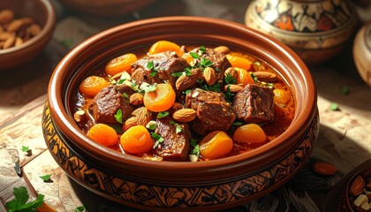 Eine traditionelle Tajine mit zarten Lammstücken, Aprikosen, Mandeln und orientalischen Gewürzen