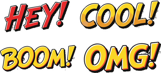 Comic Book Style Words Hey!, Cool!, Boom!, OMG!